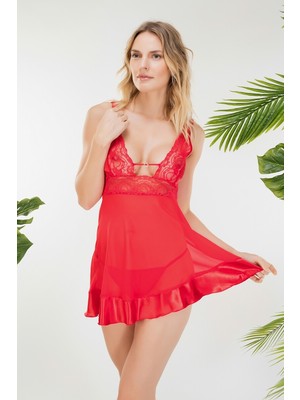 Jumelles Kırmızı Jumelles Dantel Dekolteli Gecelik