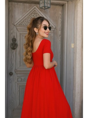 Nova Epoxy Art Kadın Kısa Kollu Yuvarlak Yaka Önden Yırtmaçlı Cepli Viskon Uzun Elbise