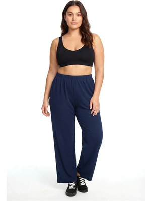 Beruflic Kadın Lacivert Dokulu Büyük Beden Cepli Pijama Altı Rahat Kesim Esnek Bel Günlük Ev Giyim Alt