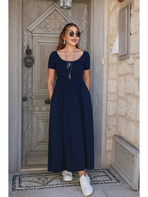 Serac Collection Kadın Kısa Kollu Yuvarlak Yaka Önden Yırtmaçlı Cepli Viskon Uzun Elbise