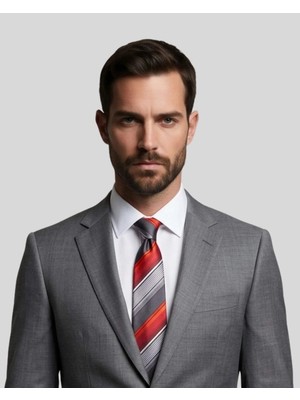 1001 Kravat Turuncu Gri Beyaz Çizgili 7,5 cm Genişliğinde Ipek Kravat