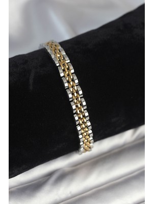 Clariss 316L Çelik 7 mm Kalınlıkta Gold ve Gümüş Renkli Erkek Bileklik