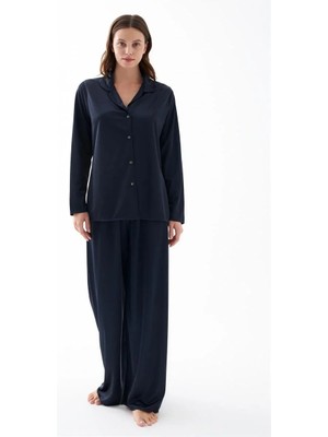 Beruflic Kadın Lacivert Oversize Saten Pijama Takımı – Rahat Kesim Şık Ev Giyim Seti