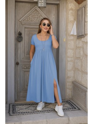 Gökyüzü Moda Kadın Kısa Kollu Yuvarlak Yaka Önden Yırtmaçlı Cepli Viskon Uzun Elbise