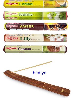 MidasTech 5 Paket 20 Çubuklu Tütsü Lemon - Amber - Lilly- Jasmine - Coconut - Kayık Hediyeli Nemere