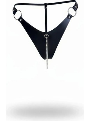 Beruflic Siyah Tanga - Külot Deri Metal Halka Zincirli - BRF1275
