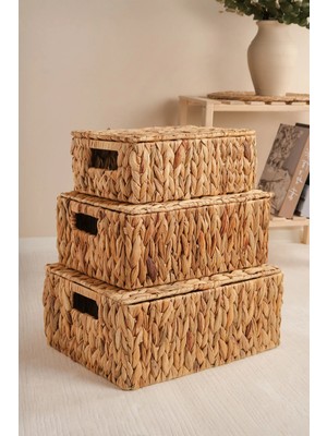 Nicoletta - 3 Lü Hasır Kapaklı Dikdörtgen Organizer Çok Amaçlı Sepet Seti