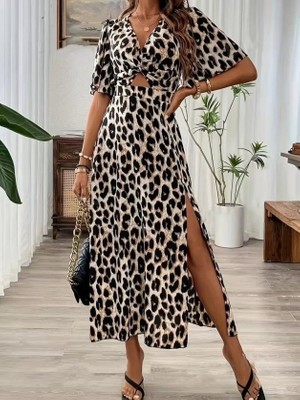 Serac Collection Kadın Kısa Kollu V Yakalı Beli Lastikli Yırtmaçlı Uzun Leopar Desenli Süprem Elbise