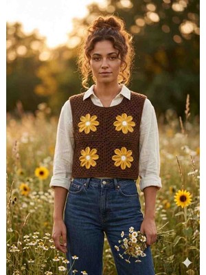 Linas Collection El Örgüsü Papatya Motifli Bohem Süveter