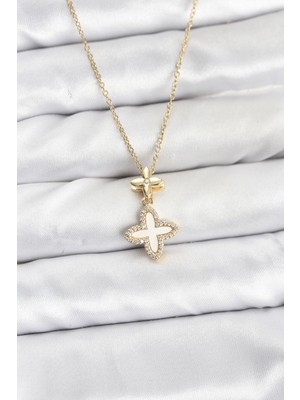 Clariss 316L Çelik Zincir Gold Renk 4 Yapraklı Yonca Model Zirkon Taşlı Kadın Kolye