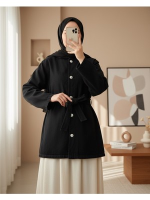 Modamorfo Kemerli Düğmeli Yuvarlak Yaka Kot Ceket -Siyah