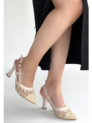 Beruflic Ceta Bej Cilt Tül Detaylı Topuklu Ayakkabı