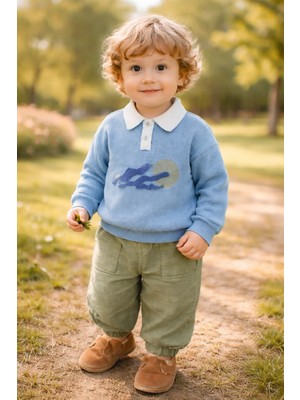 Almira Anne Bebek Erkek Bebek Gömlek Yaka Waffle Kumaş Mavi-Yeşil 2li Takım