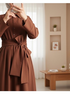 Modamorfo Çapraz Düğmeli Beli Bağlamalı Gömlek Yaka Elbise -Kahve