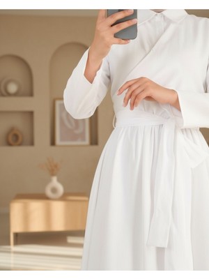 Modamorfo Çapraz Düğmeli Beli Bağlamalı Gömlek Yaka Elbise -Beyaz