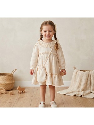 Asyaden Baby Kız Çocuk Yakası Nakışlı Şık Bayramlık Müslin Elbise