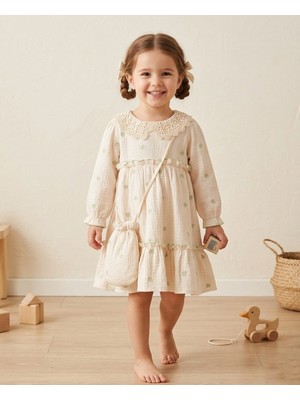 Asyaden Baby Kız Çocuk Yakası Nakışlı Şık Bayramlık Müslin Elbise
