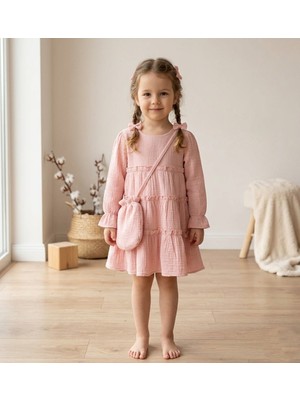 Asyaden Baby Kız Bebek Kız Çocuk Pamuklu Şık Bayramlık Kat Kat Çantalı Müslin Elbise