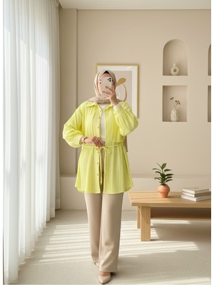 Modamorfo Beli Bağlamalı Bolero Detaylı Taşlı Düğmeli Gömlek -Sarı