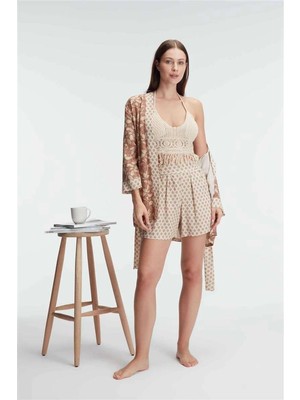 Beruflic  Ip Askılı V Yaka Kadın Cotton Çiçek Desenli Yazlık Dokuma Sabahlık Mini Pijama Takımı