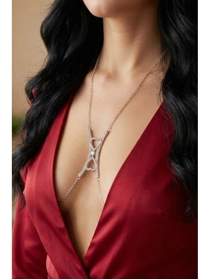 Caş Dekorasyon Gümüş Renk Taşlı Kalpli Vücut Aksesuarı