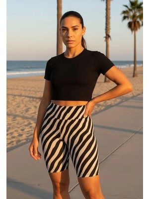 Beta Moda Hub Kadın Yüksek Bel Zebra Desenli Fitilli Kumaş Şort Tayt – Toparlayıcı & Esnek