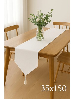 Beta Moda Hub Lüks Keten Beyaz Runner Masa Örtüsü Rustik Şık Püsküllü Dekoratif Masa Örtüsü 35X150 cm