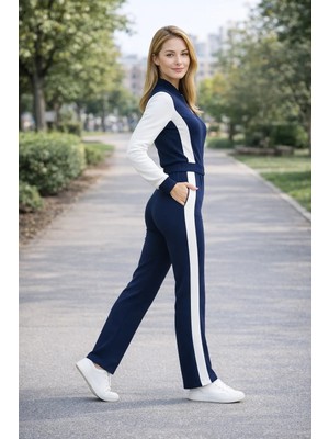 Beta Moda Hub Kadın Fermuarlı Şerit Detaylı Eşofman Takımı Lacivert Bol Paça