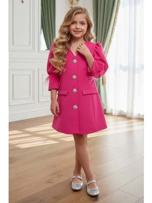 Riccotarz Kız Çocuk V Yaka Boydan Taş Düğmeli Cep Detaylı Kol Uçları Püsküllü Karpuz Kol Fuşya Elbise