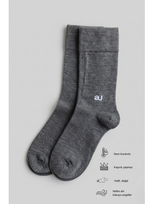 Allunique Erkek Antrasit Doğal Merino Yünlü Ince Dikişsiz Soket Çorap
