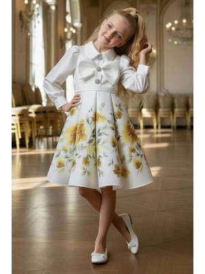 Riccotarz Kız Çocuk Göğsünde Kurdela Detayı Taş Işlmeli Şifon Gömlekli, Sarı Gül Baskılı Şifon Elbise