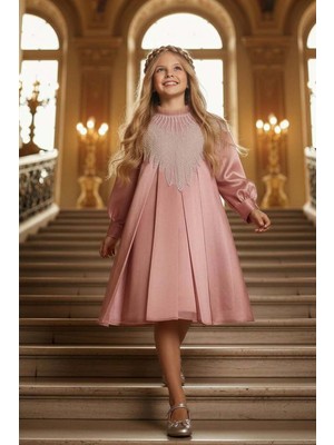 Riccotarz Kız Çocuk Yakası Fırfırlı ve Elmas Taştan Şal Detaylı Pliseli Şifon Gül Kurusu Elbise