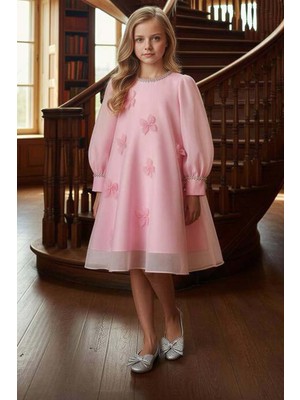 Riccotarz Kız Çocuk Yakası ve Bilekleri Inci Işlemeli Üzeri Boydan 3D Yonca Detaylı Içi Astarlı Pembe Elbise