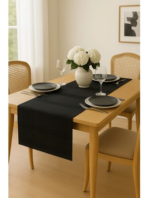 Beta Moda Hub Jasmin Keten Siyah Bohem Şık Masa Örtüsü  Runner 35X150 cm
