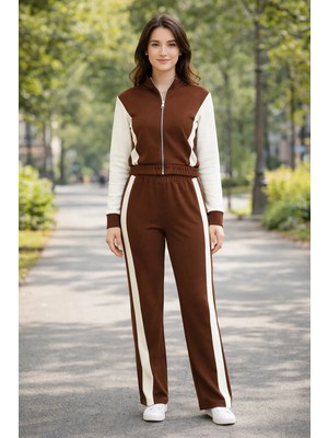Beta Moda Hub Kadın Fermuarlı Şerit Detaylı Eşofman Takımı Kahverengi Bol Paça