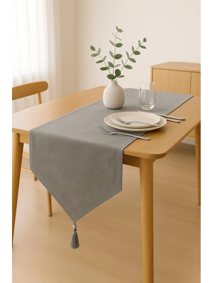 Beta Moda Hub Lüks Keten Gri Runner Masa Örtüsü Rustik Şık Püsküllü Dekoratif Masa Örtüsü 35X150 cm