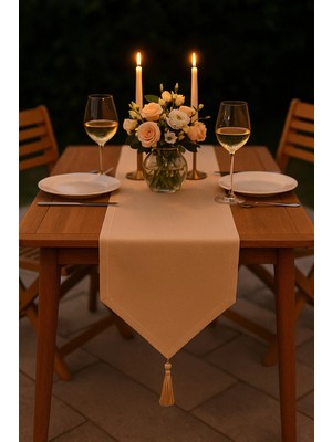 Beta Moda Hub Lüks Keten Krem Runner Masa Örtüsü Rustik Şık Püsküllü Dekoratif Masa Örtüsü 35X150 cm