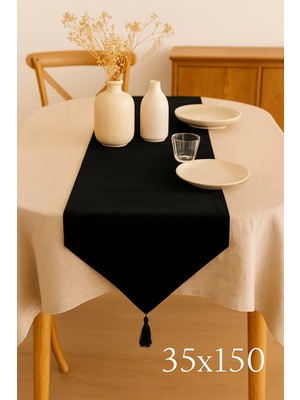 Beta Moda Hub Lüks Keten Siyah Runner Masa Örtüsü Rustik Şık Püsküllü Dekoratif Masa Örtüsü 35X150 cm