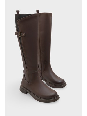 LOJO Kadın Kemer Tokalı Yandan Fermuarlı Günlük Çizme Elena Kahve