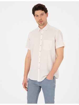 Pierre Cardin Erkek Bej Keten Karışımlı Regular Fit Kısa Kollu Gömlek 50303287-VR011