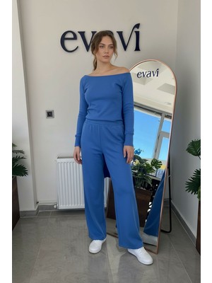 Evavi Kadın Baskısız Mavi Kayık Yaka Bluz ve Eşofman Altı Takımı