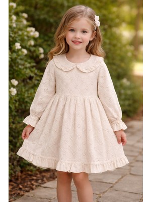 Bilge Trend Kız Bebek Çocuk, Bebe Yaka Krem Elbise, Doğum Günü, Düğün, Bayramlık, Parti Elbisesi