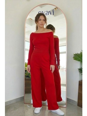 Evavi Kadın Baskısız Kırmızı Kayık Yaka Bluz ve Eşofman Altı Takımı