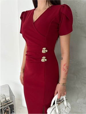 Sharin Kadın Bordo Krep Kumaş Kısa Kol Kruvaze Yaka Midi Boy Elbise 10E-2402