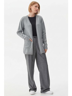 Sementa V Yaka Cepli Kadın Triko Ceket - Gri