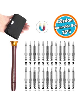 Nzb Çantalı Mıknatıslı Saatçi Tornavida 25 'li Set Tork Yıldız Düz Üçgen Ince Uç Küçük Vida Tornavidası