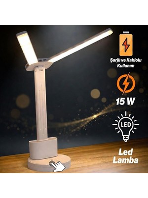 Nzb Masa Lambası Şarjlı Çift Kanat 15W Telefon Tutucu 3 Renk Dokunmatik Işık Kademeli Gece Çalışma Işığı