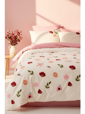 Puff Nakışlı Blossom Somon Çift Kişilik %100 Pamuklu Nevresim Takımı -  6 Parça Çeyiz Seti