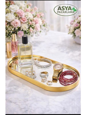 Asya Pazarlama Oval Aynalı Sunumluk Gold Tepsi, Altın Renk Ikramlık Tepsi, Duvara Asılabilen Dekor Tepsi 12X30