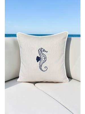 Visionario Kırlent Kılıfı 45X45 Marin Nakışlı Deniz Atı Desen Su Itici Outdoor Keten Beyaz Biyeli Tekne Bahçe